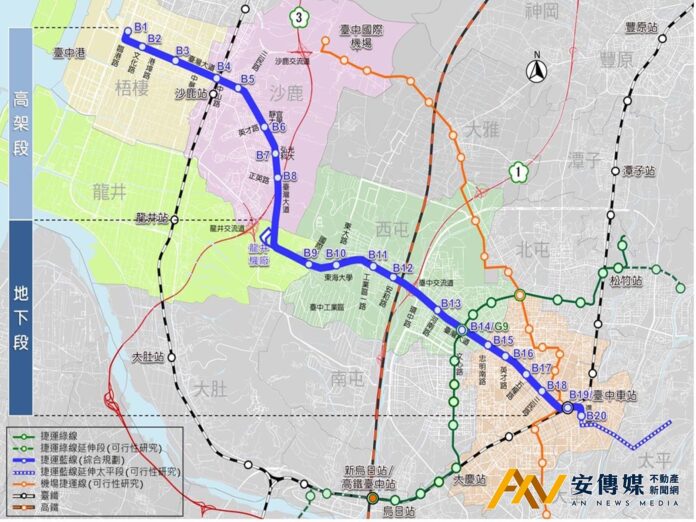 台中捷運藍線拚2025年動工「委託專案管理技術服務案」順利決標，捷運藍線路線示意圖(圖/台中市政府)