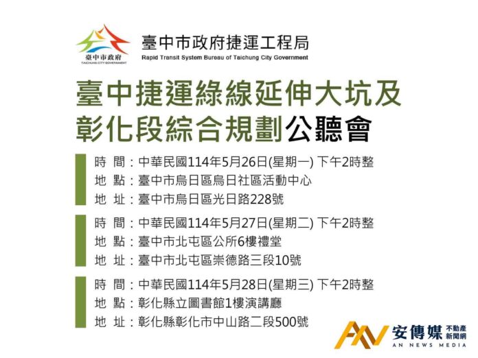 台中捷運綠線延伸公聽會5/26-5/28登場