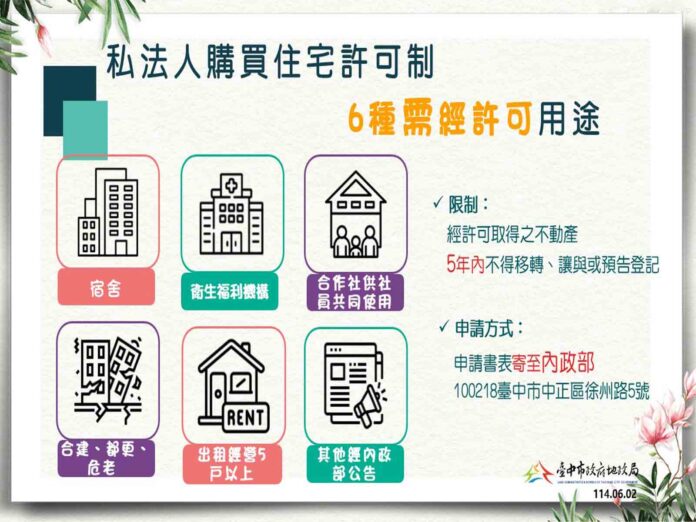 台中市 禁私法人買受超過4千萬住宅作為宿舍