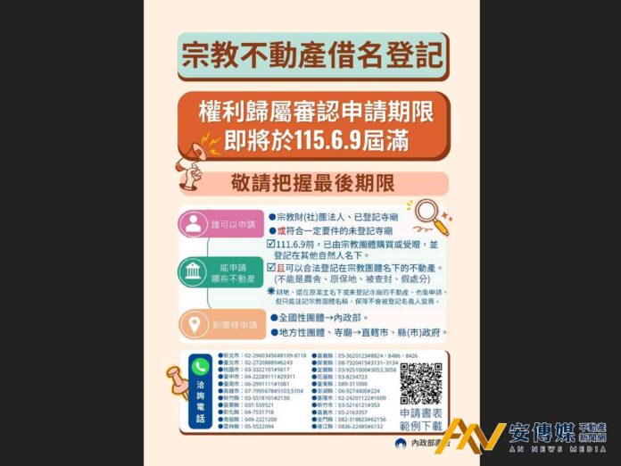 內政部：宗教團體不動產請於6月9日前完成申請「這件事」
