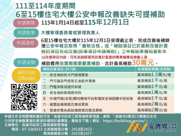 高雄6-15樓集合住宅公安改善最高補助30萬